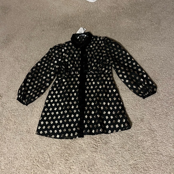 Gold metallic floral pattern thread button down black shirt dress never worn - Picture 6 of 9